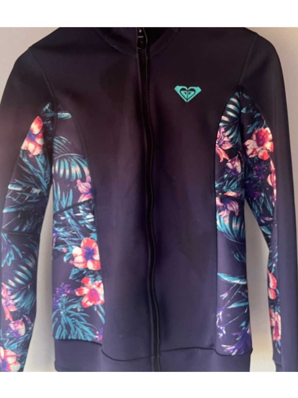 Roxy🩵🌺Wetsuit Jacket Syncro Navy Blue Zip Hoodie Floral Hibiscus Tropical Size 8 - Picture 8 of 8